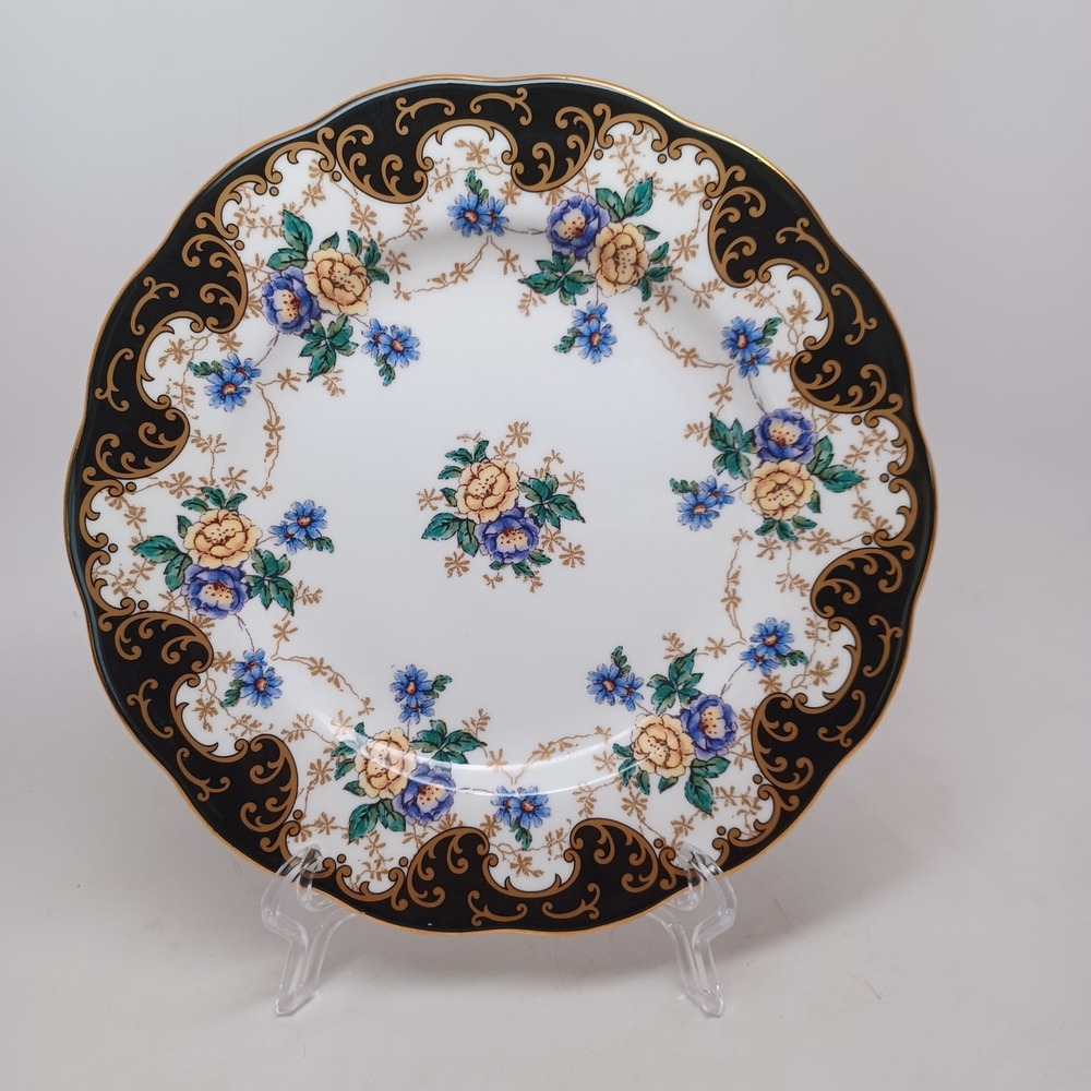 Royal Albert 100 Years 1910s Duchess Bone China Plate Black Gold Floral Scallop - Picture 10 of 10